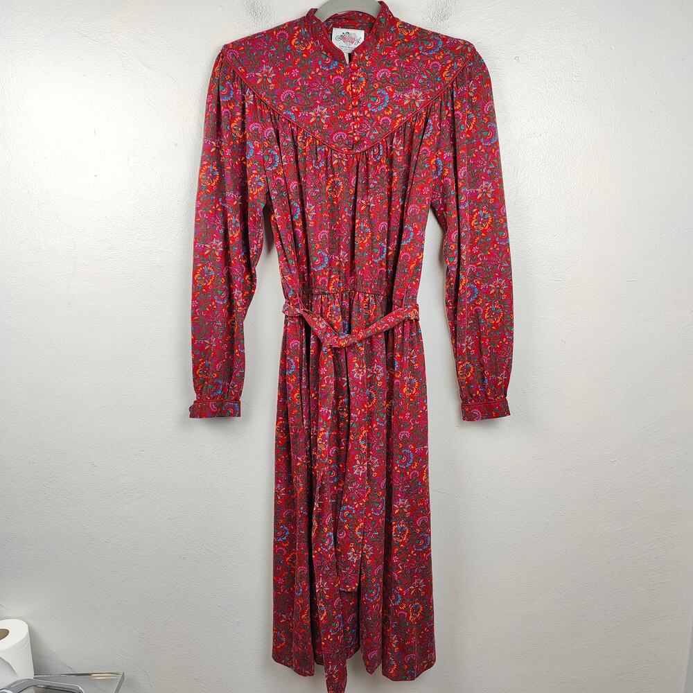Vintage Lanz Originals Midi Dress Womens Medium Red Floral Long‎ Sleeve Prairie